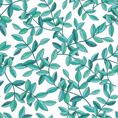 Seamless pattern with branches with green leaves. Texture for print, fabric, textile, wallpaper. Hand drawn vector illustration. Isolated on white background.