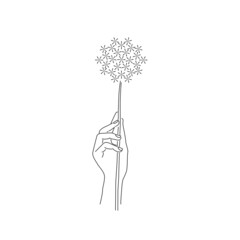 Puszysty dmuchawiec - kobieca ręka trzymająca kwiat. Wektorowa ilustracja.  Subtelny, pełen delikatności obrazek. - obrazy, fototapety, plakaty
