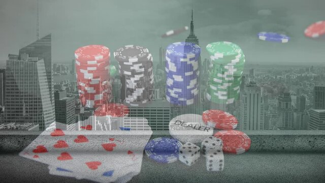 Animation of playing cards and chips on board over cityscape