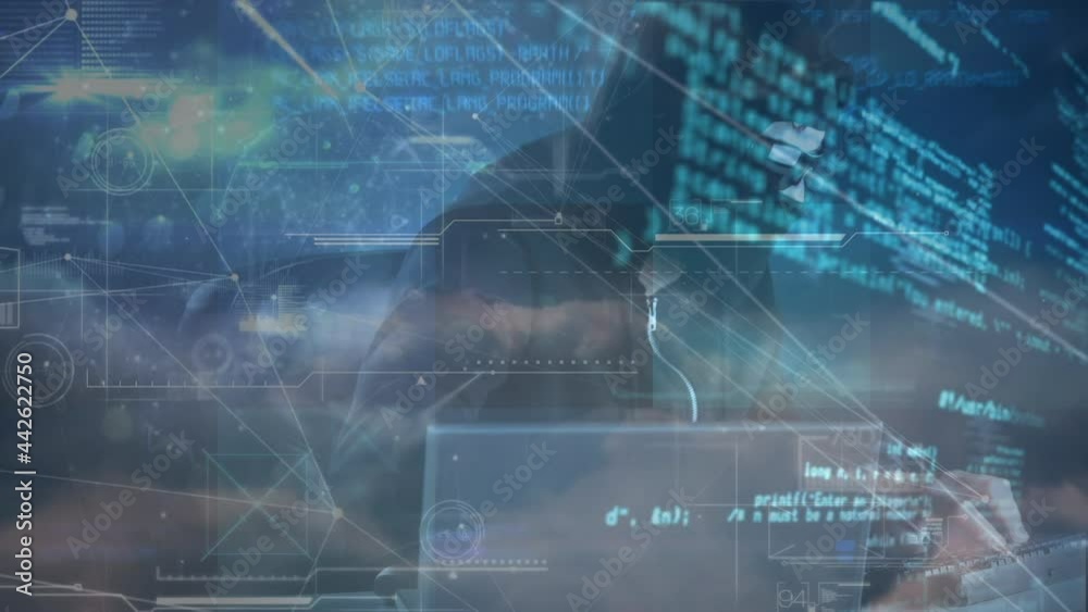 Poster animation of data processing over hacker with laptop