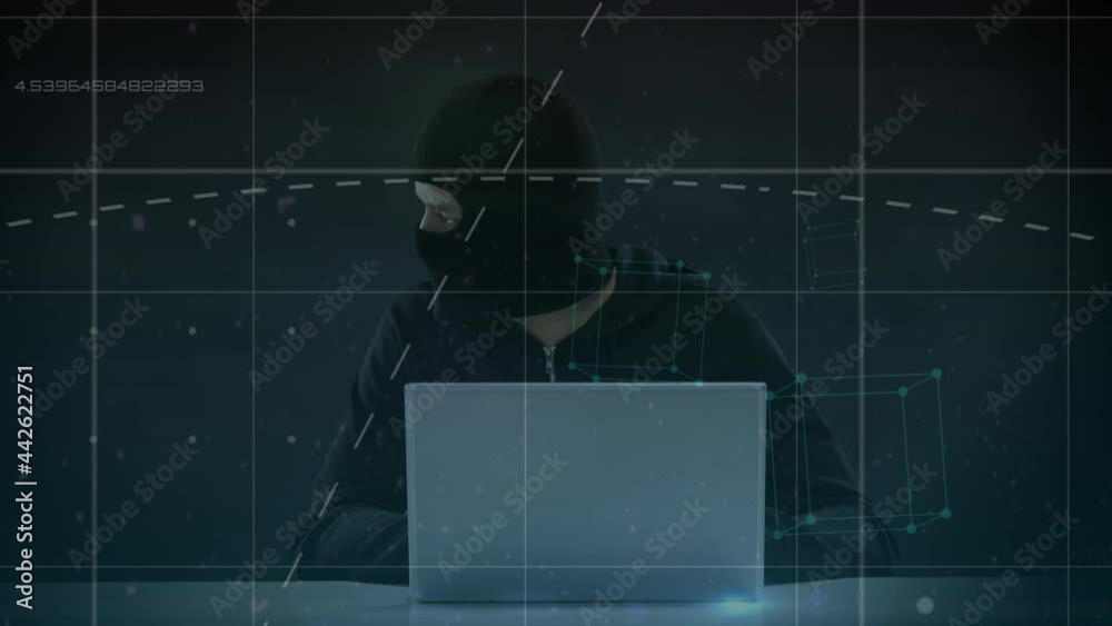 Poster animation of data processing over hacker with laptop