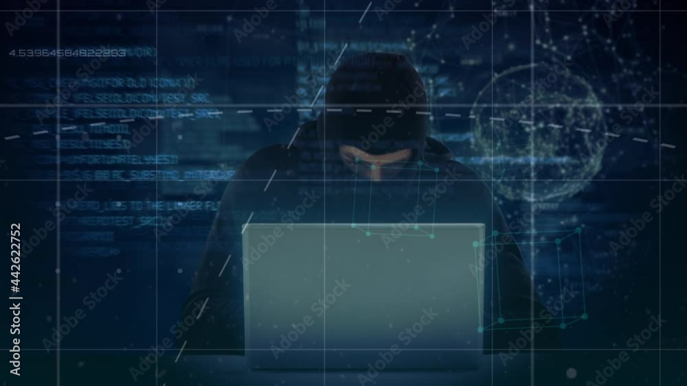Aufkleber animation of data and information processing over masked hacker using laptop on dark background