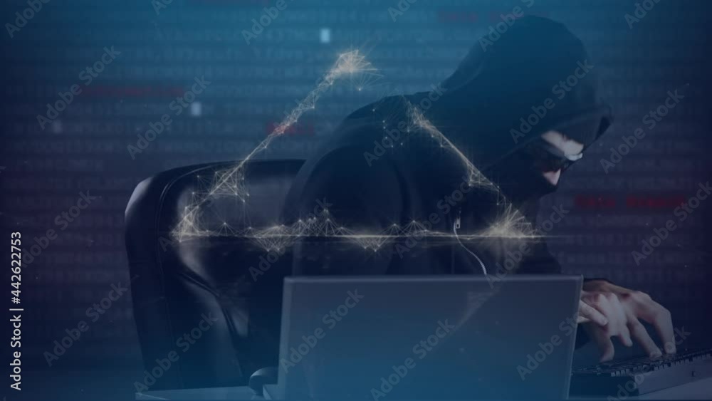 Poster animation of data processing over hacker with laptop