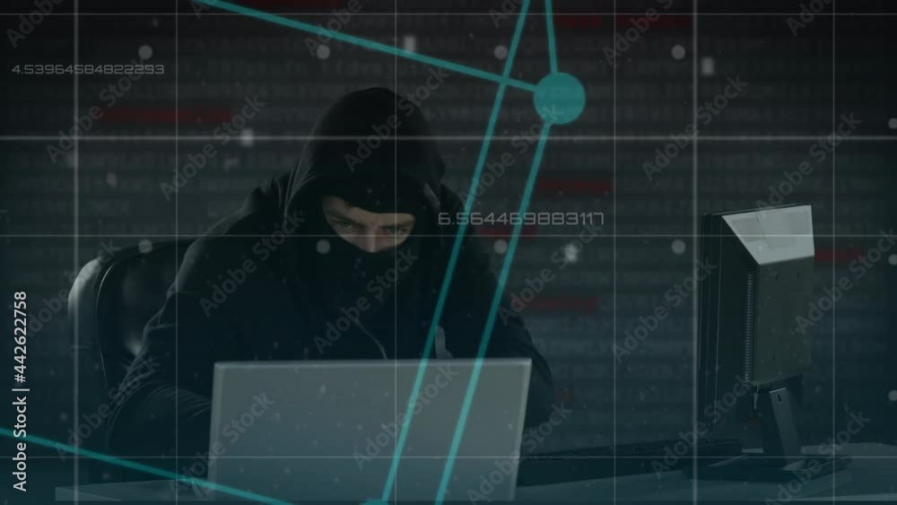 Poster animation of data processing over hacker with laptop