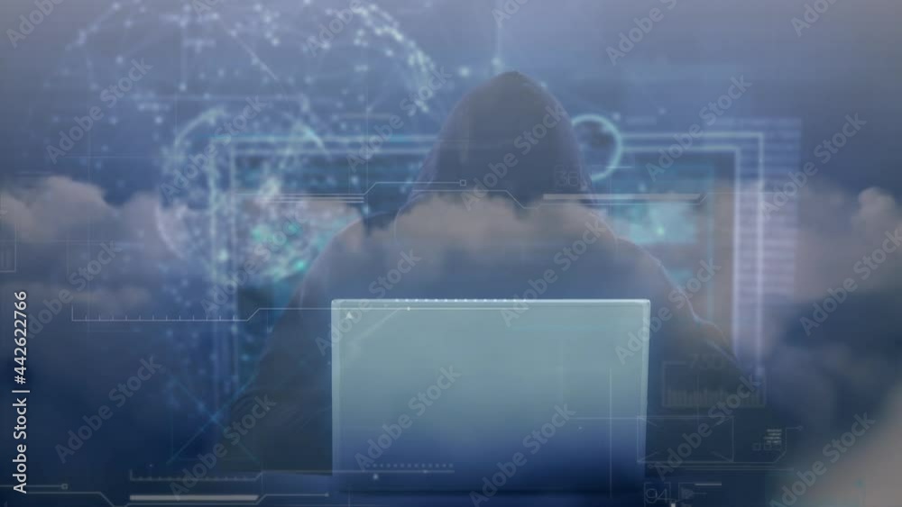 Poster animation of globe and data processing over hacker with laptop