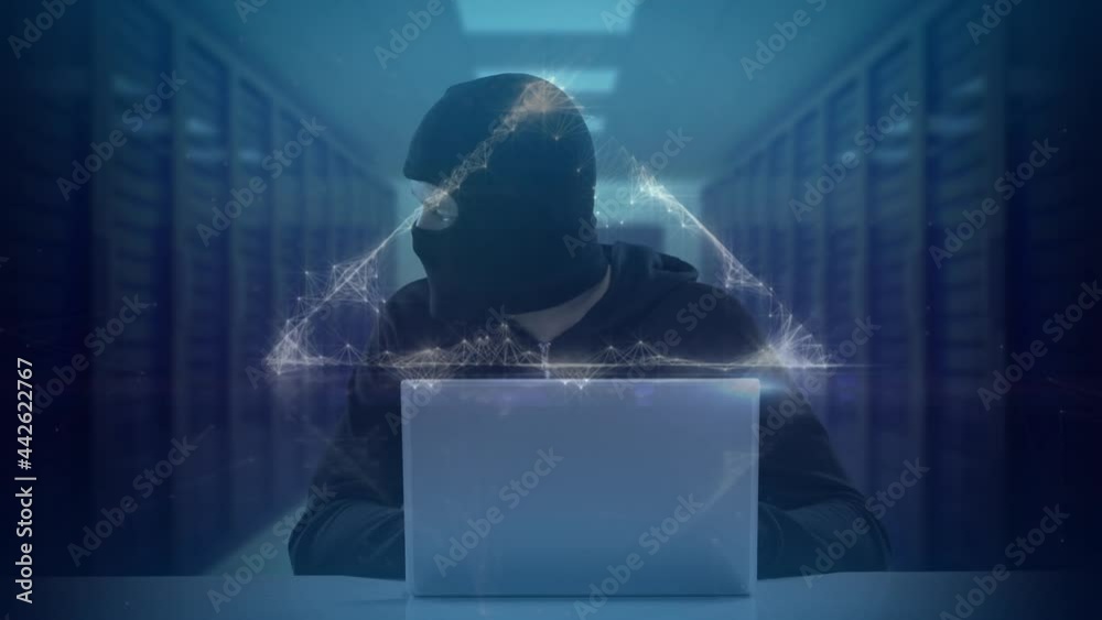 Poster Animation of triangle over hacker with laptop and computer servers