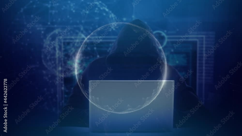 Poster animation of globe and data processing over hacker with laptop