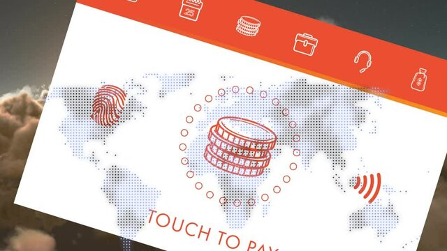 Animation of biometric pay icons over world map and clouds