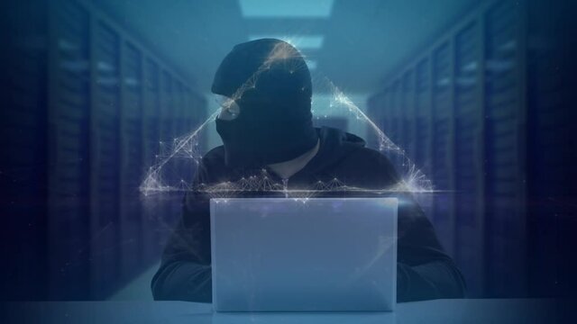 Animation of triangle over hacker with laptop and computer servers