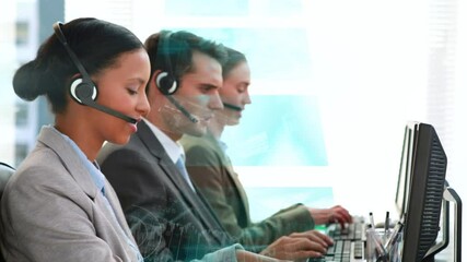 Animation of data processing over business people using phone headsets - Powered by Adobe