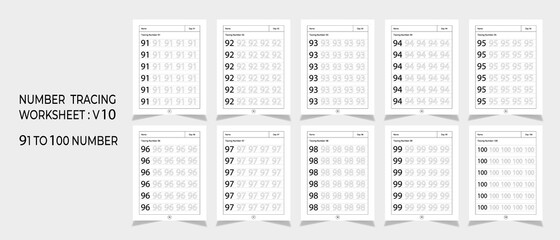 Kindergarten Number Tracing Worksheets, math for educational math game design, Printable worksheet, set 10