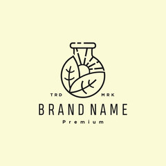 Leaf lab logo line outline style hipster vintage icon illustration. Laboratory test tube. Lab bottle with leave science, research and ecology icon