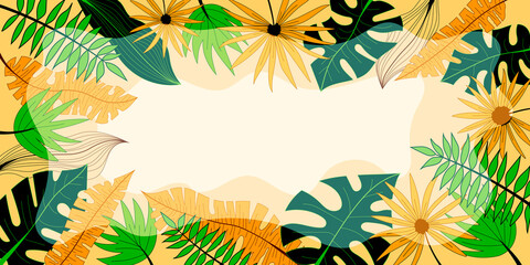 Fototapeta na wymiar Vector banner of tropical leaves, floral frame