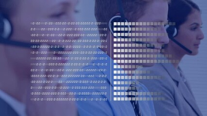 Animation of binary coding and data processing over business people using phone headsets - Powered by Adobe