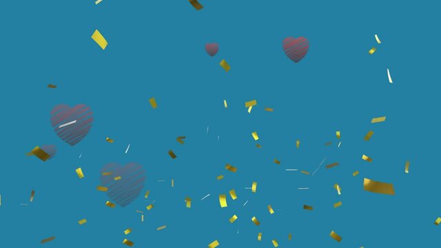 Animation of gold confetti and grey heart balloons falling on blue background
