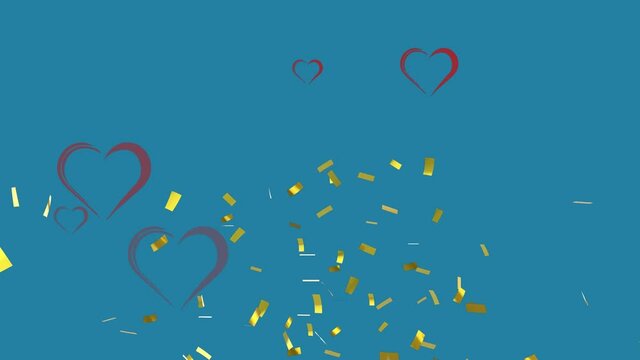 Animation of grey ribbon hearts with gold confetti falling, on blue background