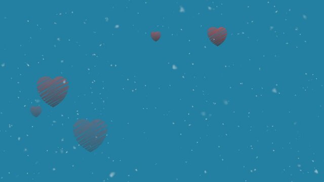 Animation of grey hearts and white confetti falling, on blue background
