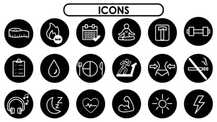 Paquete de iconos minimalistas de ejercicio, vida diaria, alimentos y salud circulo blanco y negro