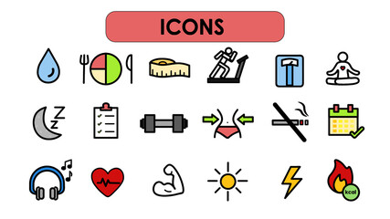 Paquete de iconos minimalistas de ejercicio, vida diaria, alimentos y salud color