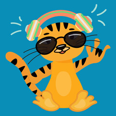 Funny cartoon tiger in headphones and glasses shows thumbs up. A cute tiger cub is a symbol of 2022. The tiger is happy with life. Isolated vector illustrations for postcards, calendars, print, web.