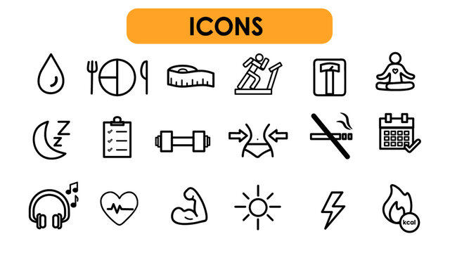 Paquete de iconos minimalistas de ejercicio, vida diaria, alimentos y salud blanco y negro