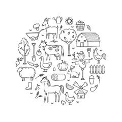 Hand drawn set farm animal, horse, cow, farmer food. Doodle sketch style. Agriculture life background, icon. Isolated vector illustration.