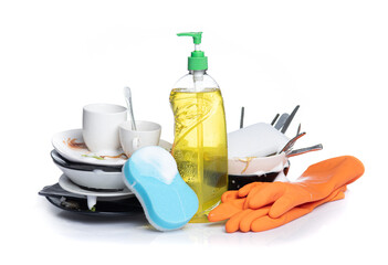 Dirty dishes pile needing washing isolated on white background