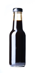 Glass bottle of soy bean sauce, japanese food seasoning isolated on white background