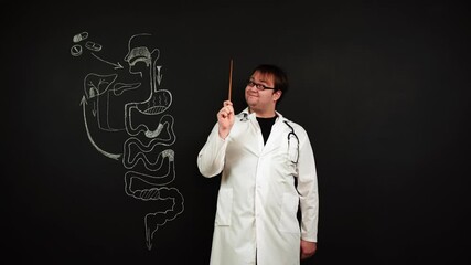 Doctor in a lab coat tells and shows about pills that help with liver pain. Sketch illustration of the human digestive system with chalk on chalkboard. Theme of pharmacology for acute abdominal pain. - Powered by Adobe