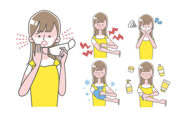 日焼けでマスク跡と半袖跡が残り困る女性イラスト