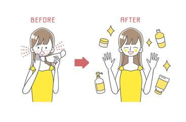 マスクによる肌荒れに困る女性のBEFORE/AFTERイラスト