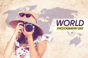 Female tourist stands with world photography day text - Powered by Adobe