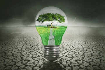 Green nature in the light bulb with dried soil