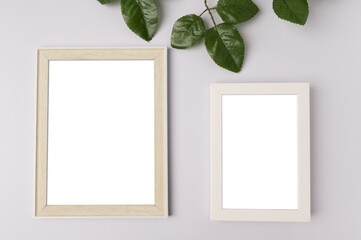 two white photo frame and leaf branches on white background