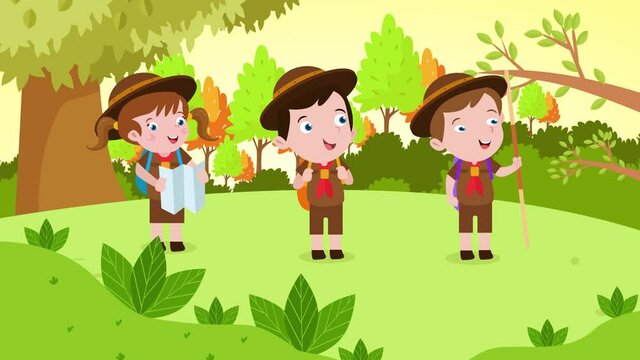 Group of little kids exploring forest