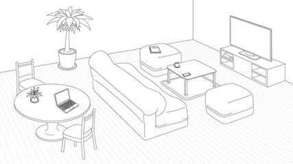 Living room and dining area sketch style vector illustration