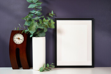 On trend shadow photography blank frame mockup featuring new season background color, gray blue. Negative copy space.