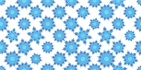 Winter seamless pattern with blue snowflakes on white background. Vector illustration for fabric, textile wallpaper, posters, gift wrapping paper. Christmas vector illustration. Falling snow