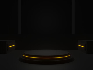 3D rendered black futuristic podium with yellow neon lights