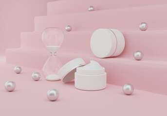 A white cream jar placed on a pink background