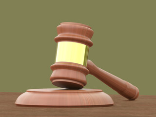 3D Illustration Judge's hammer on a wooden table with court background outdoors