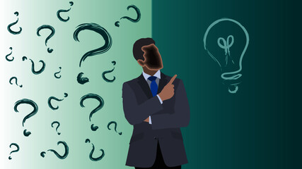 Vector illustration. Flat linear style. Problem solving concept. Man thinking with question mark and bulb symbol.