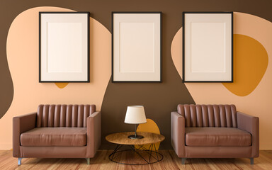 The living room is decorated with chairs, sofaand picture frames.