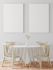 The dining table set in the room has a picture frame attached to the wall.