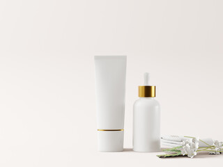 Cosmetic bottle with tube squeeze and dropper on white background