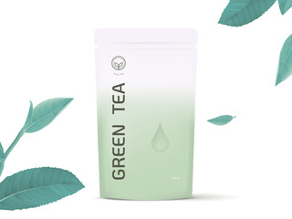 Product mockup template design, green tea bag decorated with green tea leaves