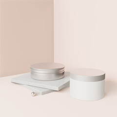 A white cream jar placed on a pink background