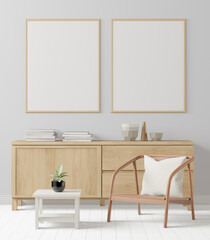 Obraz premium The living room is decorated with a storage table. Chair and picture frame on the wall