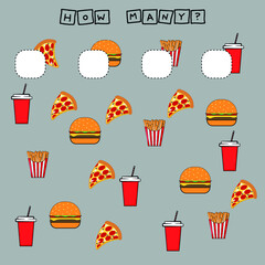 Developing activities for children, count as many   burger with salad, french fries, pizza margarita and disposable red cup with hook and straw . Logic game for children.