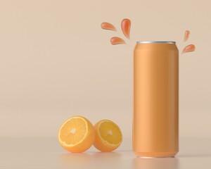 A cans of orange juice with oranges on a white background.